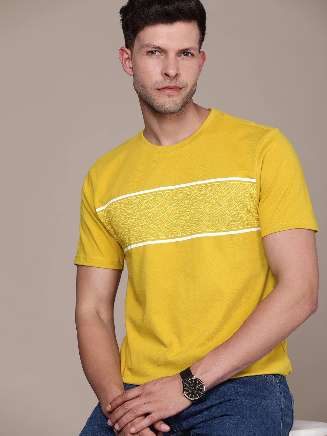 

French Connection Brand Logo Printed Pure Cotton T-shirt, Mustard