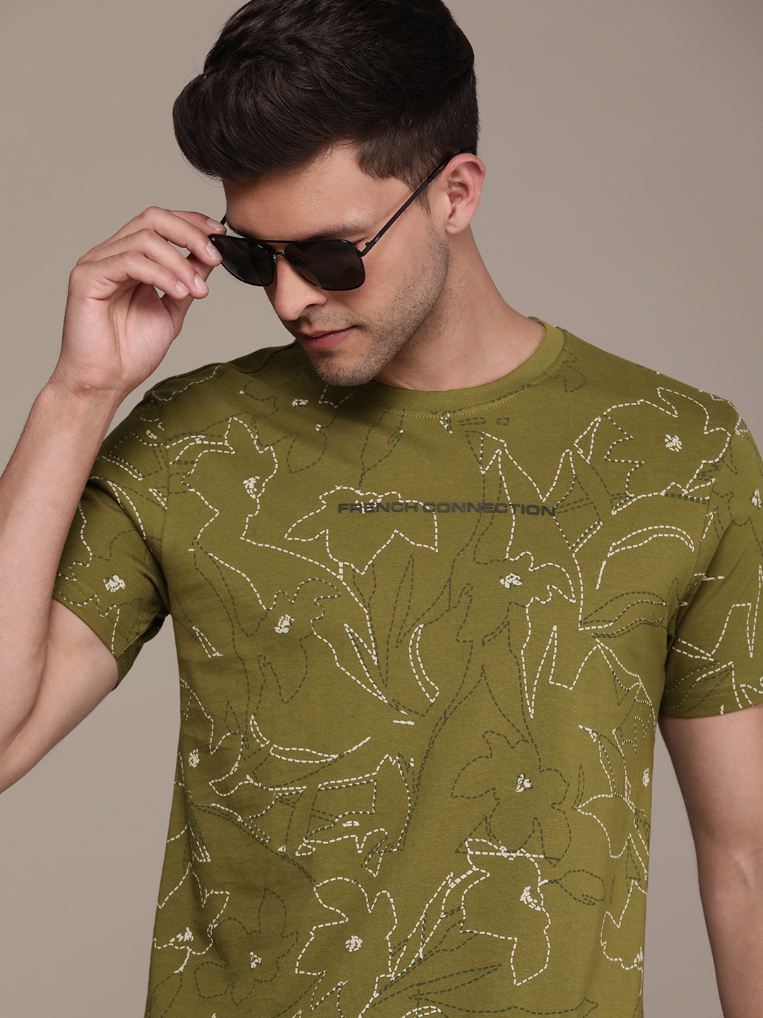 

French Connection Abstract Printed Pure Cotton T-shirt, Green