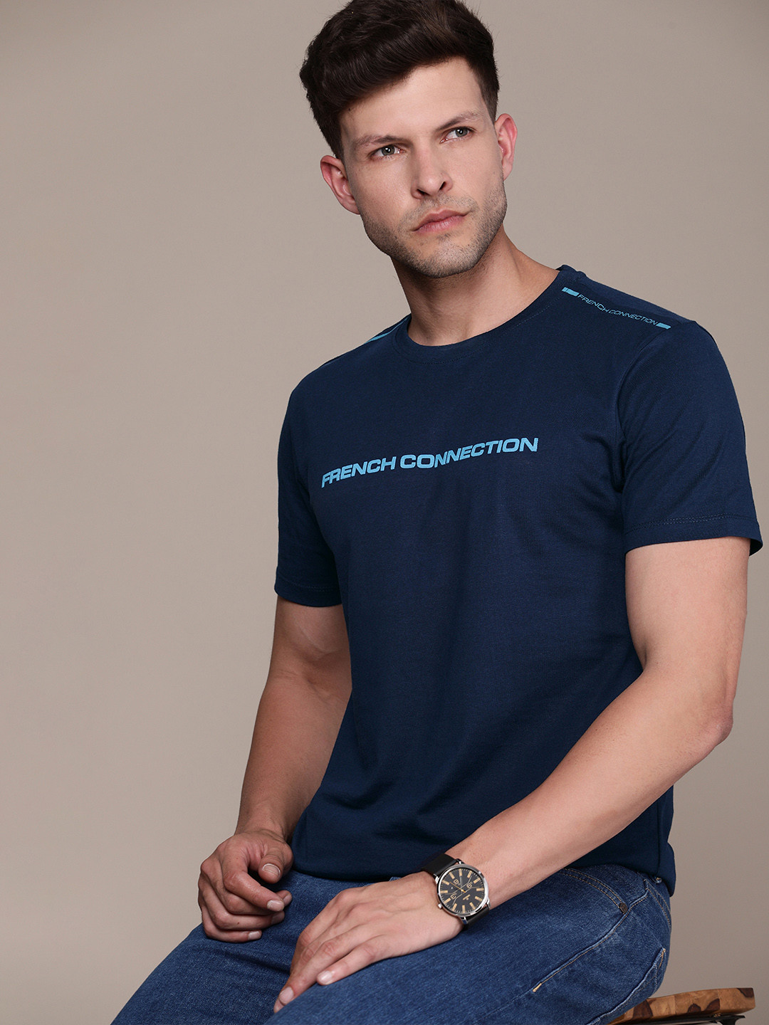 

French Connection Men Brand Logo Printed Pure Cotton T-shirt, Navy blue