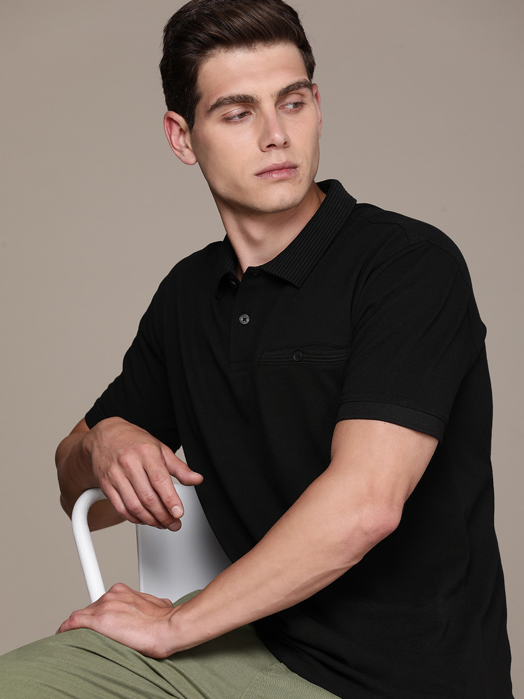 

French Connection Polo Collar Pure Cotton T-shirt with Pocket, Black