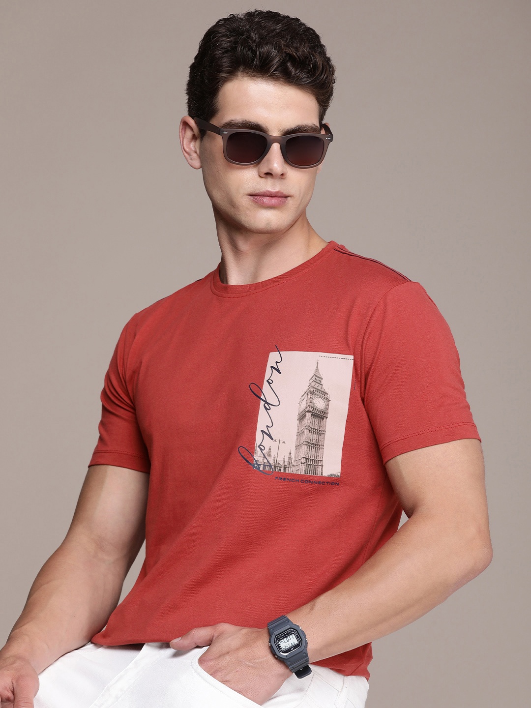 

French Connection Men Graphic Printed Pure Cotton T-shirt, Red