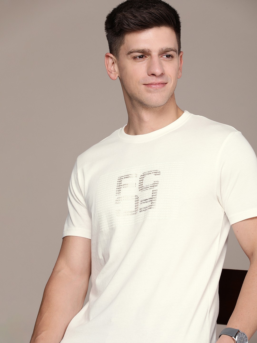 

French Connection Men Brand Logo Printed Pure Cotton T-shirt, Off white