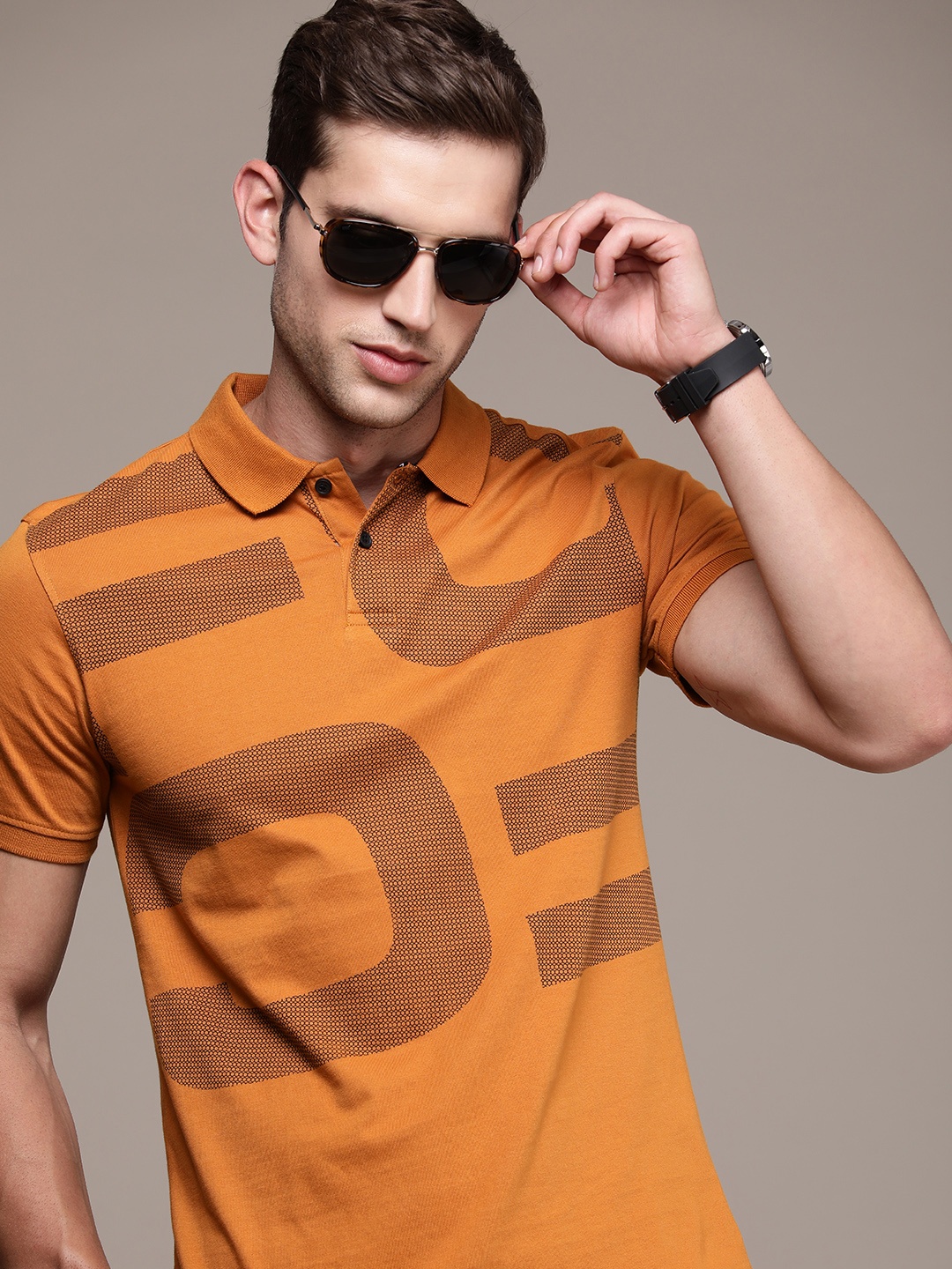 

French Connection Brand Logo Printed Polo Collar Pure Cotton T-shirt, Rust