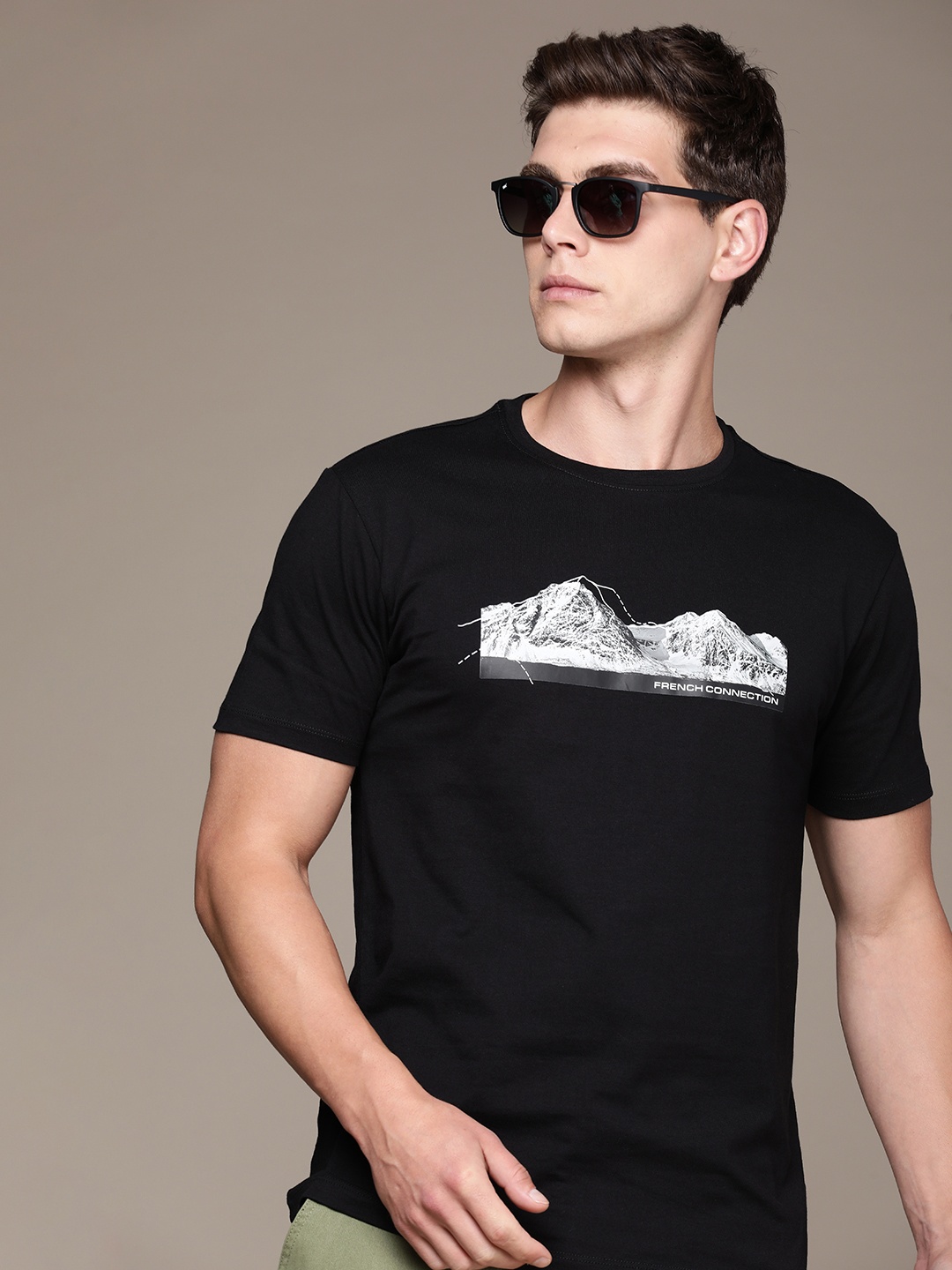 

French Connection Printed Pure Cotton T-shirt, Black