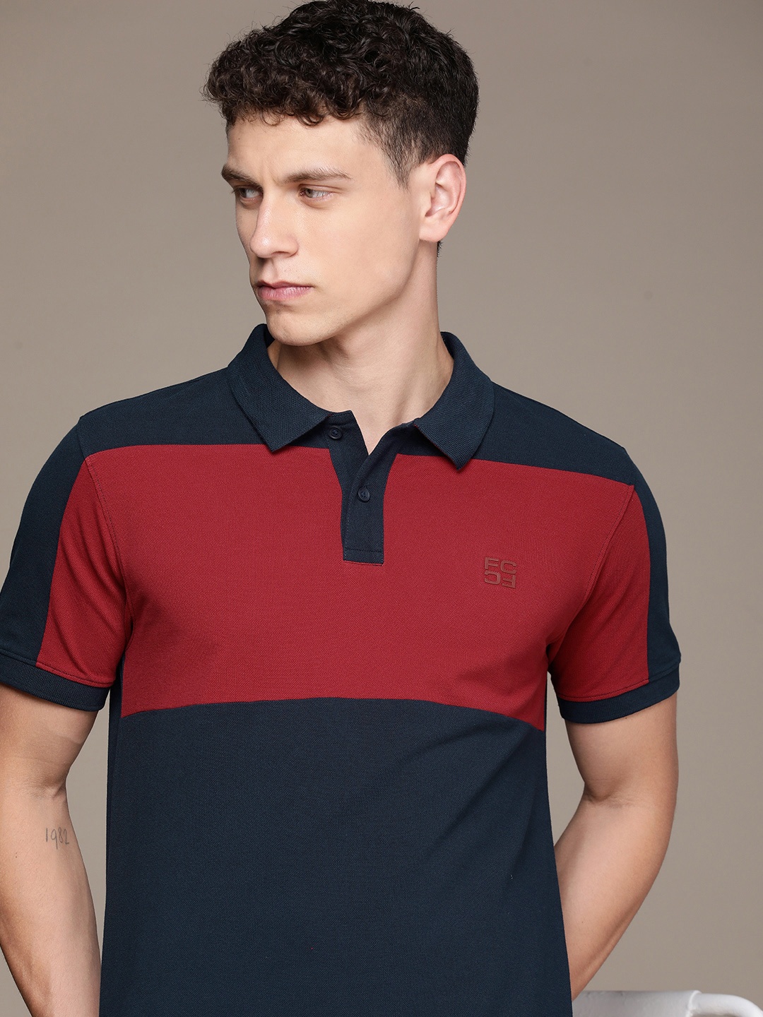 

French Connection Colourblocked Polo Collar Pure Cotton T-shirt, Navy blue