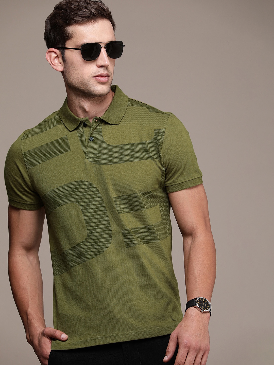 

French Connection Printed Polo Collar Pure Cotton T-shirt, Green