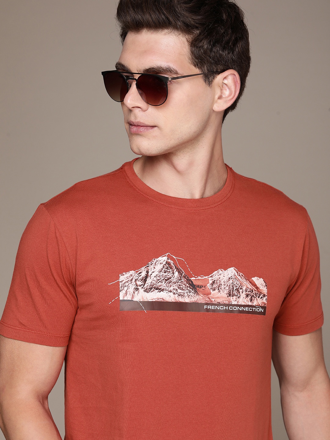 

French Connection Printed Pure Cotton T-shirt, Rust