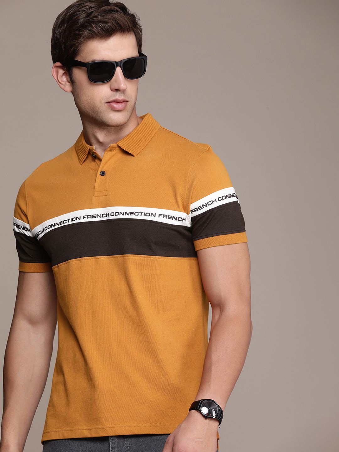 

French Connection Men Striped Polo Collar Pure Cotton T-shirt, Mustard