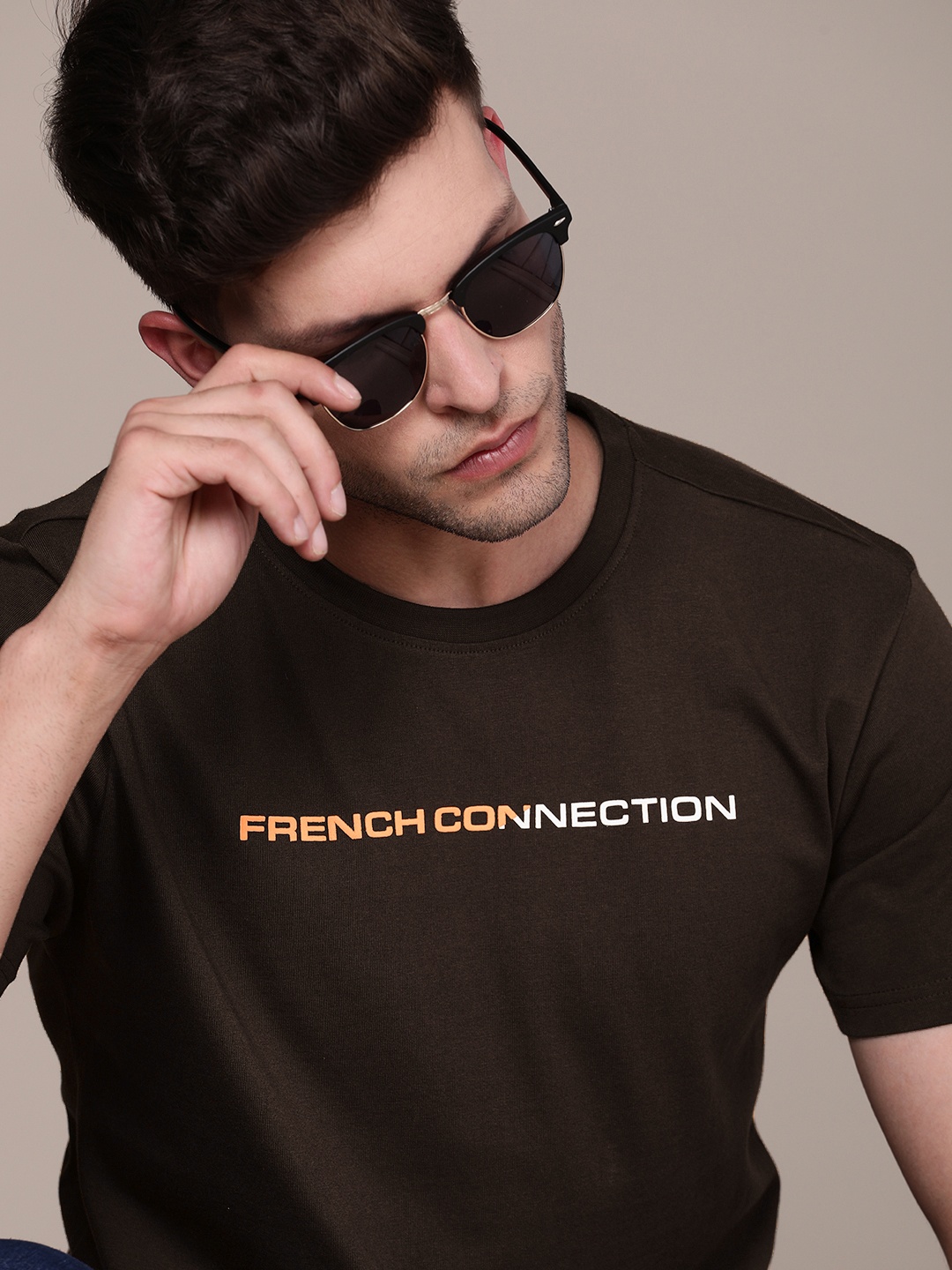 

French Connection Brand Logo Printed Pure Cotton T-shirt, Brown