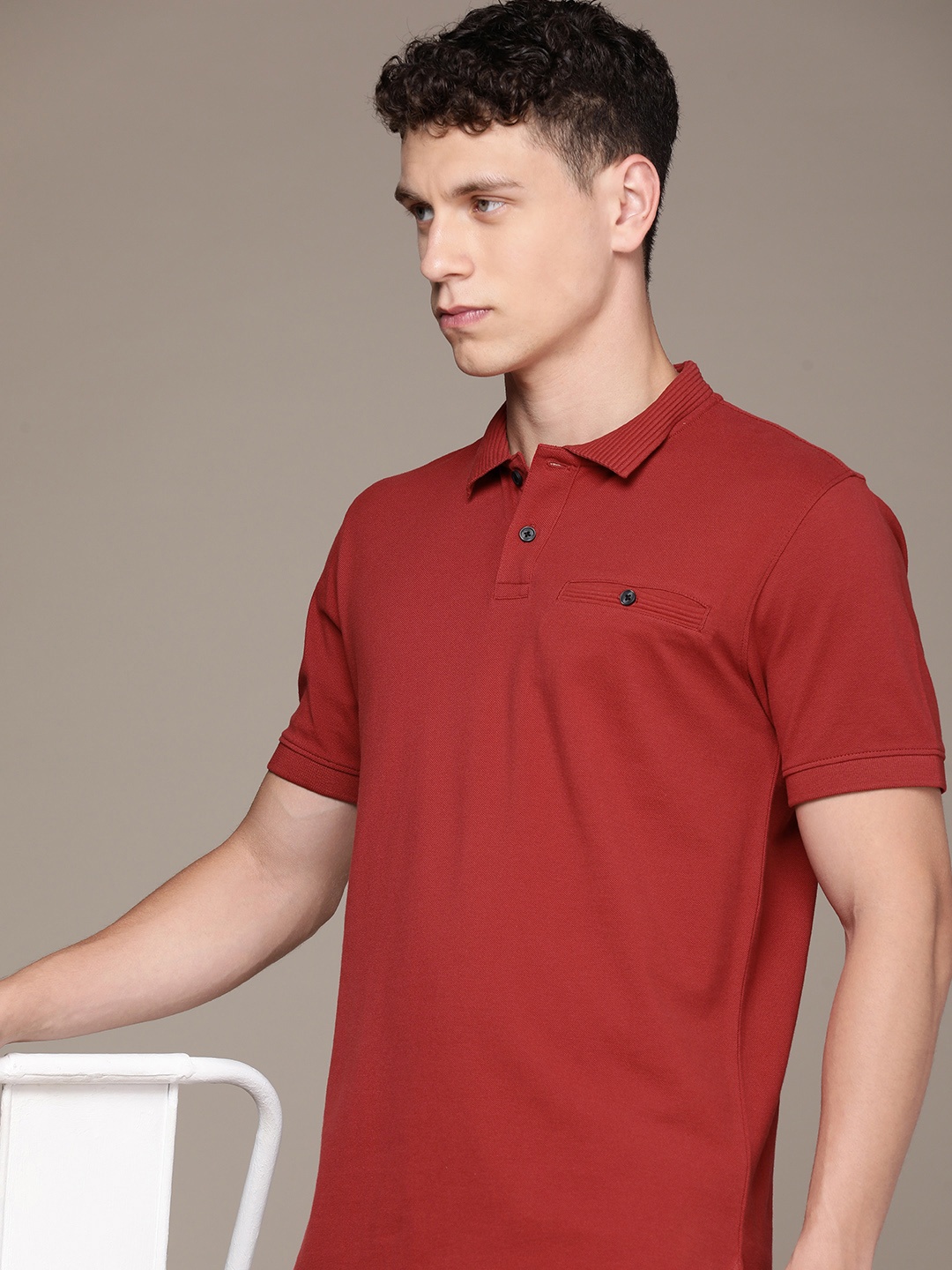 

French Connection Polo Collar Pure Cotton T-shirt with Pocket, Red
