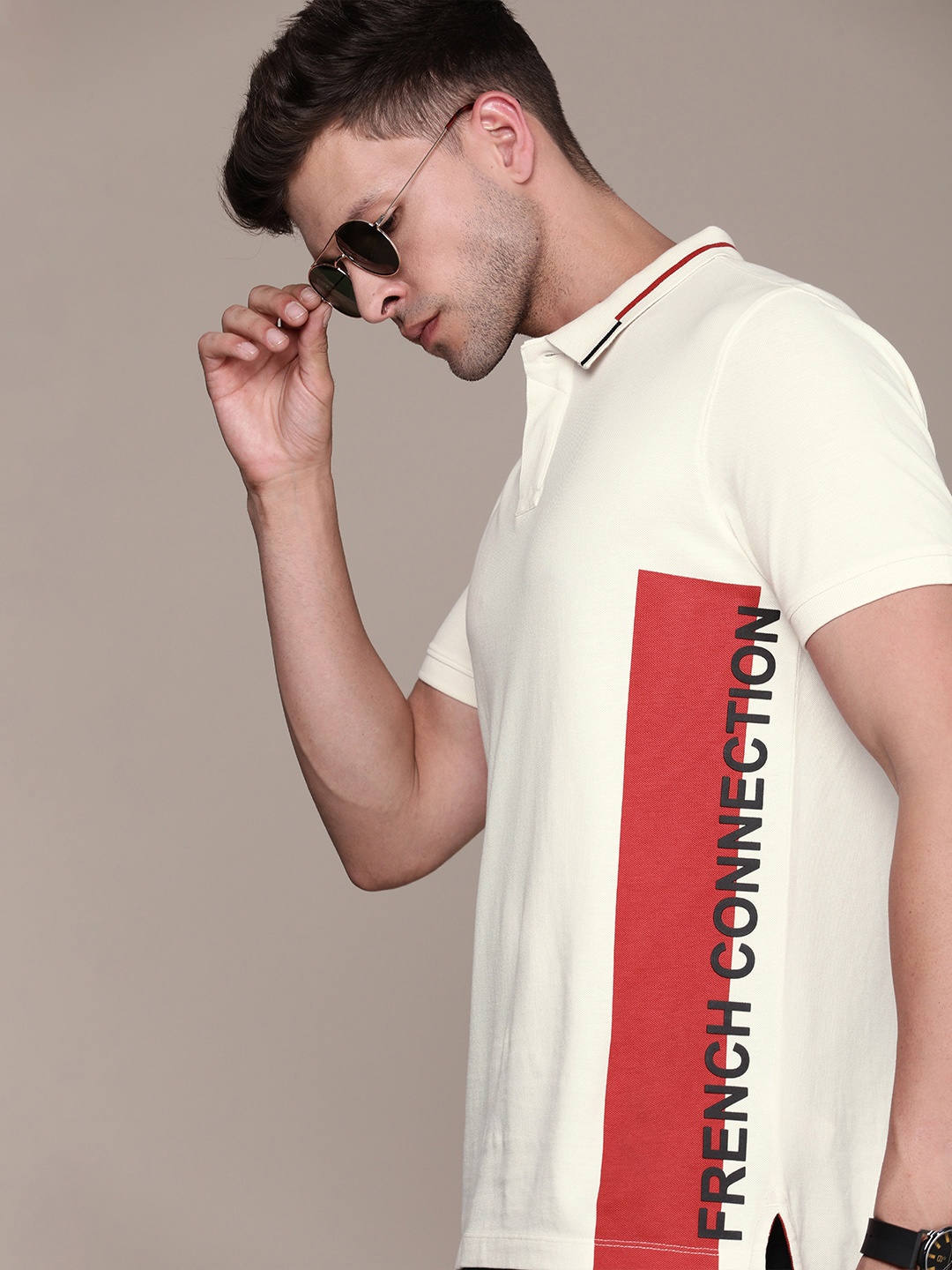 

French Connection Men Brand Logo Printed Polo Collar Pure Cotton T-shirt, Off white