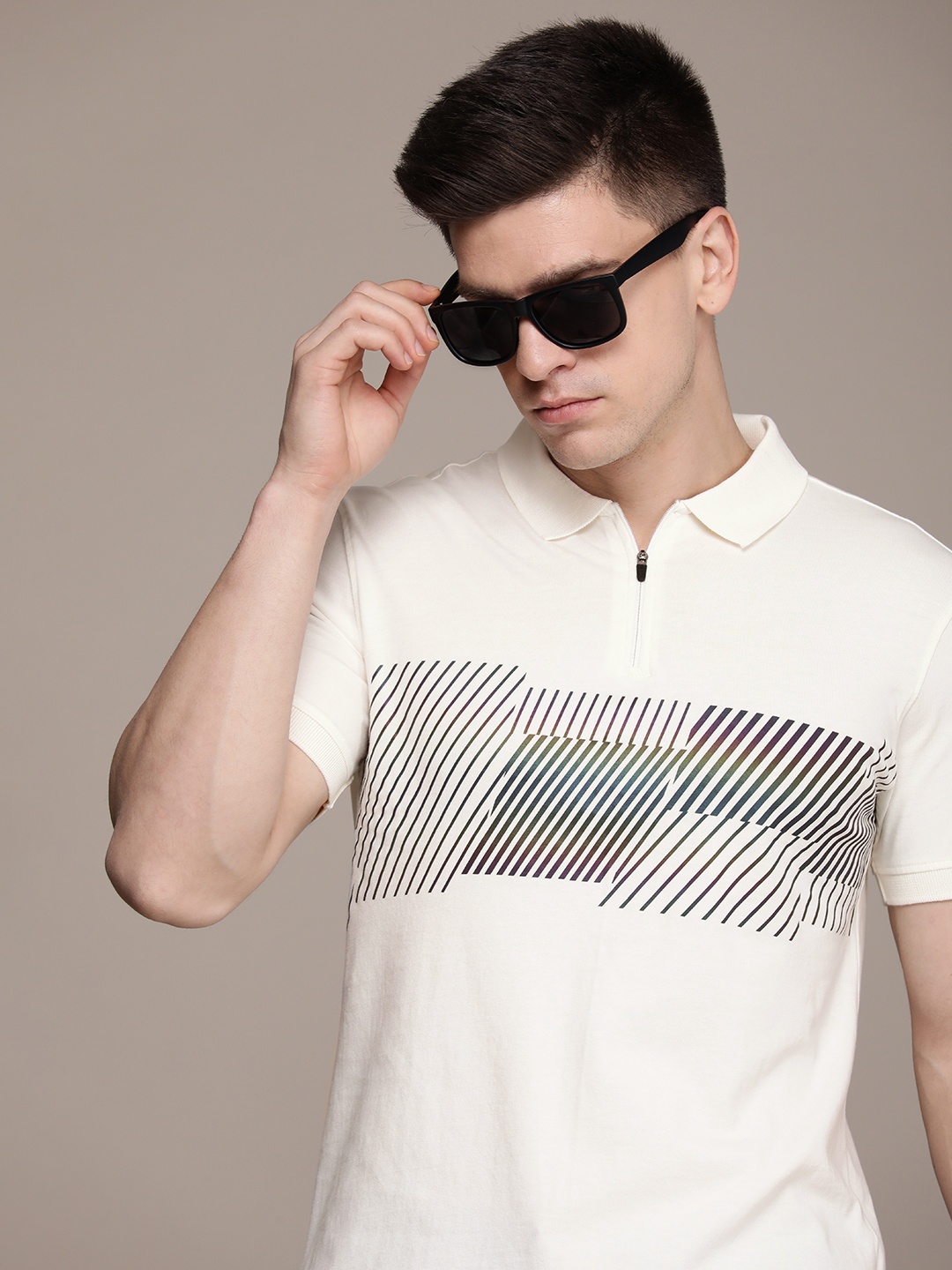 

French Connection Printed Polo Collar Pure Cotton T-shirt, Cream