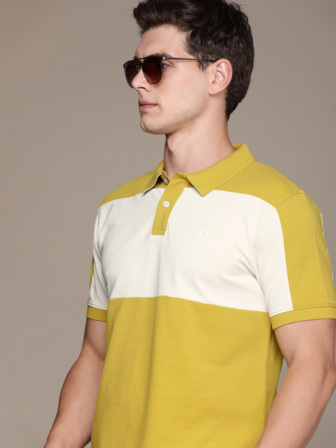 

French Connection Colourblocked Polo Collar Pure Cotton T-shirt, Mustard