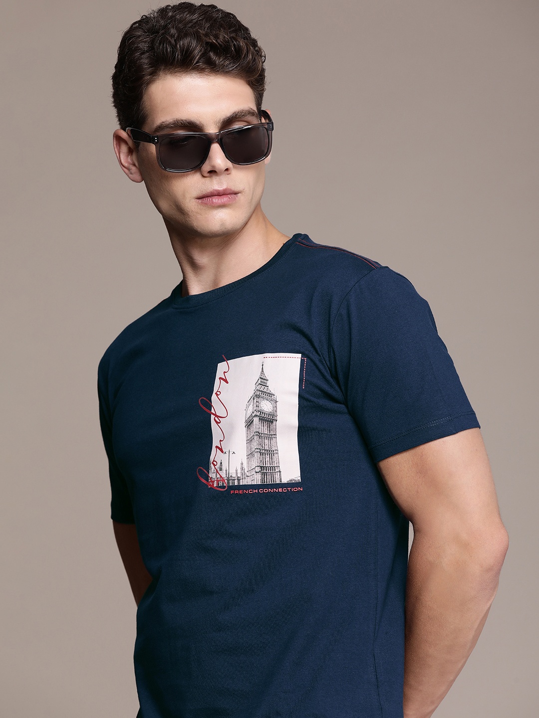 

French Connection Men Graphic Printed Pure Cotton T-shirt, Navy blue