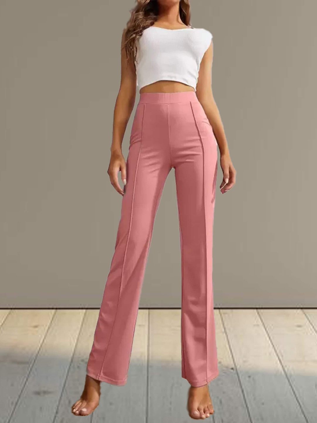 

N N ENTERPRISE Women Original High-Rise Bootcut Trousers, Peach
