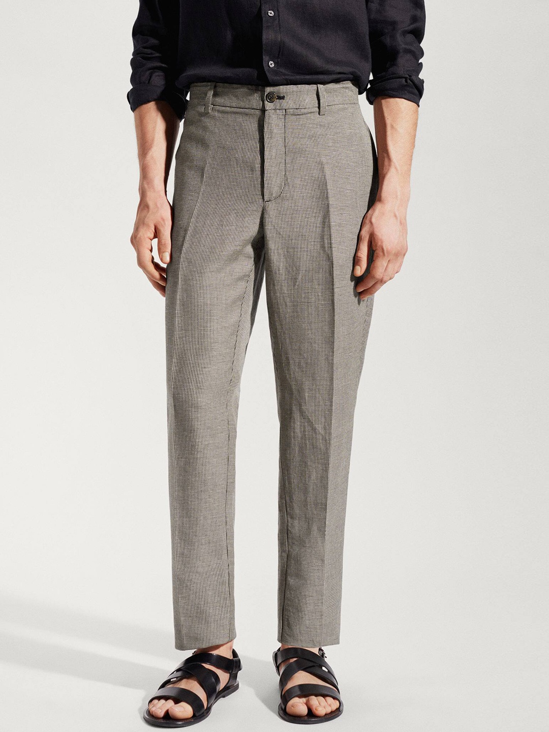 

MANGO MAN Houndstooth Slim Fit Pleated Trousers, Beige