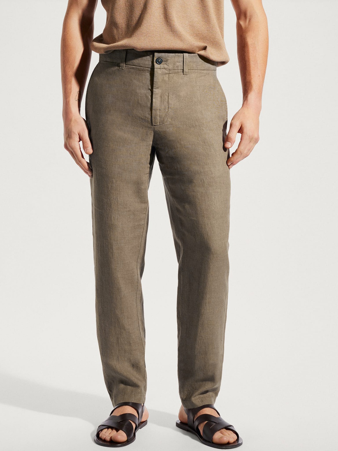 

MANGO MAN Linen Slim Fit Trousers, Brown