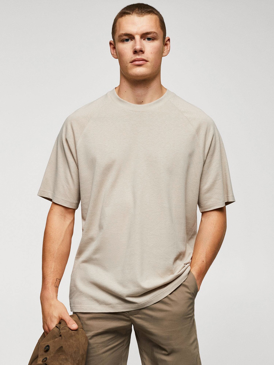 

MANGO MAN Relaxed Fit Cotton Linen T-shirt, Beige