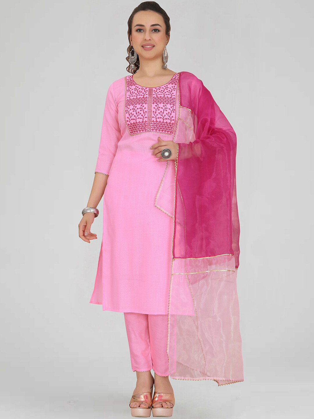 

KALINI Round Neck Ethnic Motif Embroidered Thread Work Kurta & Trousers With Dupatta, Pink