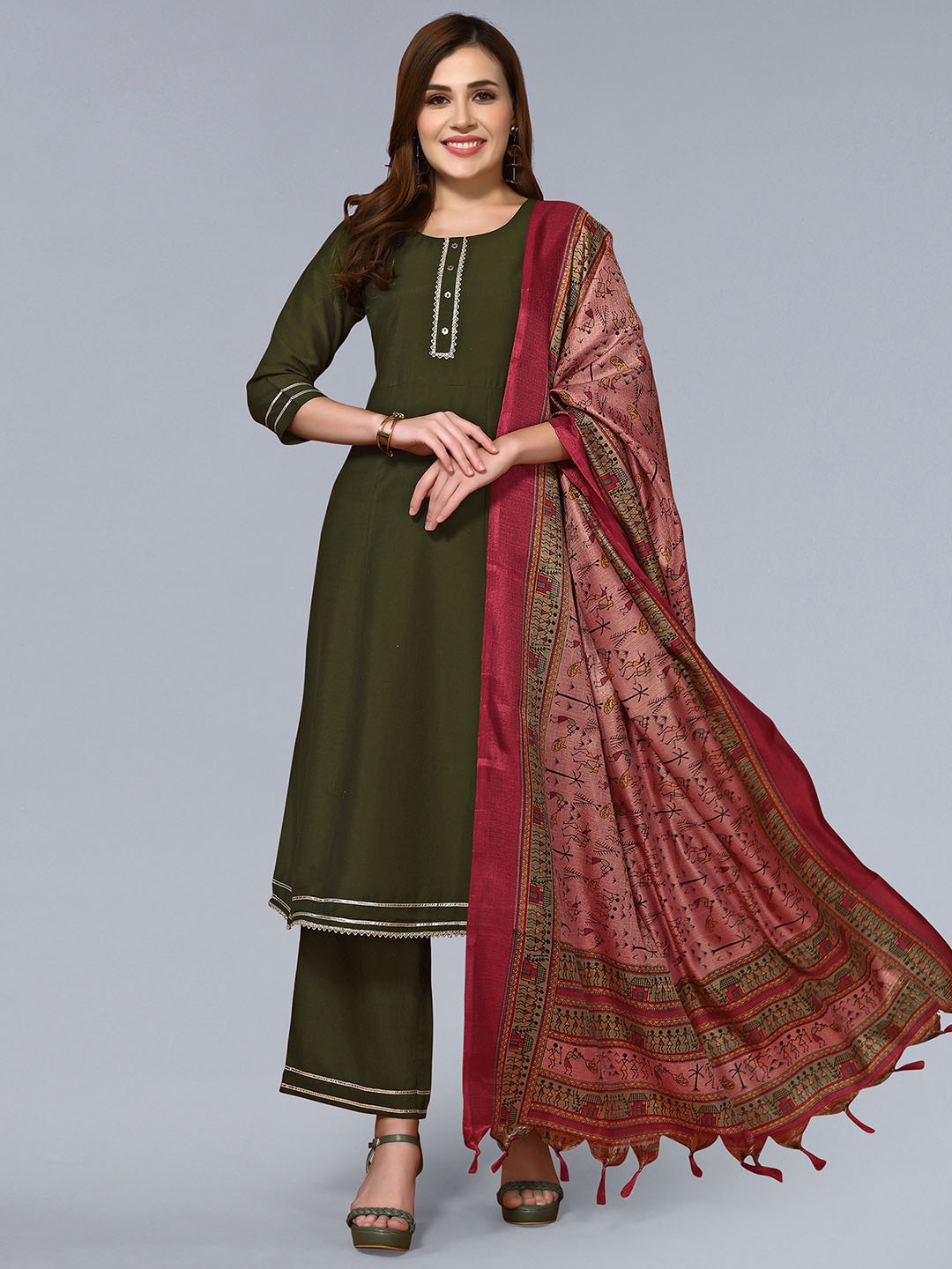 

KALINI Round Neck Regular Gotta Patti Kurta & Palazzos With Dupatta, Green