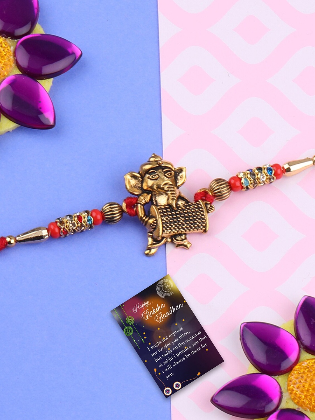 

Silver Shine Set Of 2 Bhabhi Bhaiya Rakhi With Roli Chawal, Greeting Card & Pooja Thali, Multi