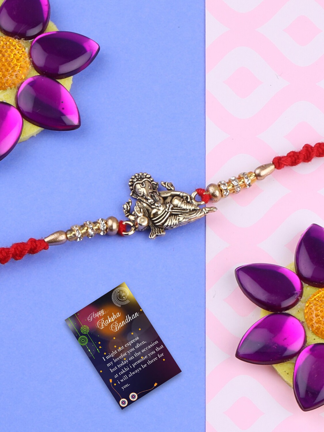 

Silver Shine Men Set Of 2 Thread Rakhis Comes With Roli Chawal & Greeting Card Gift Set, Gold
