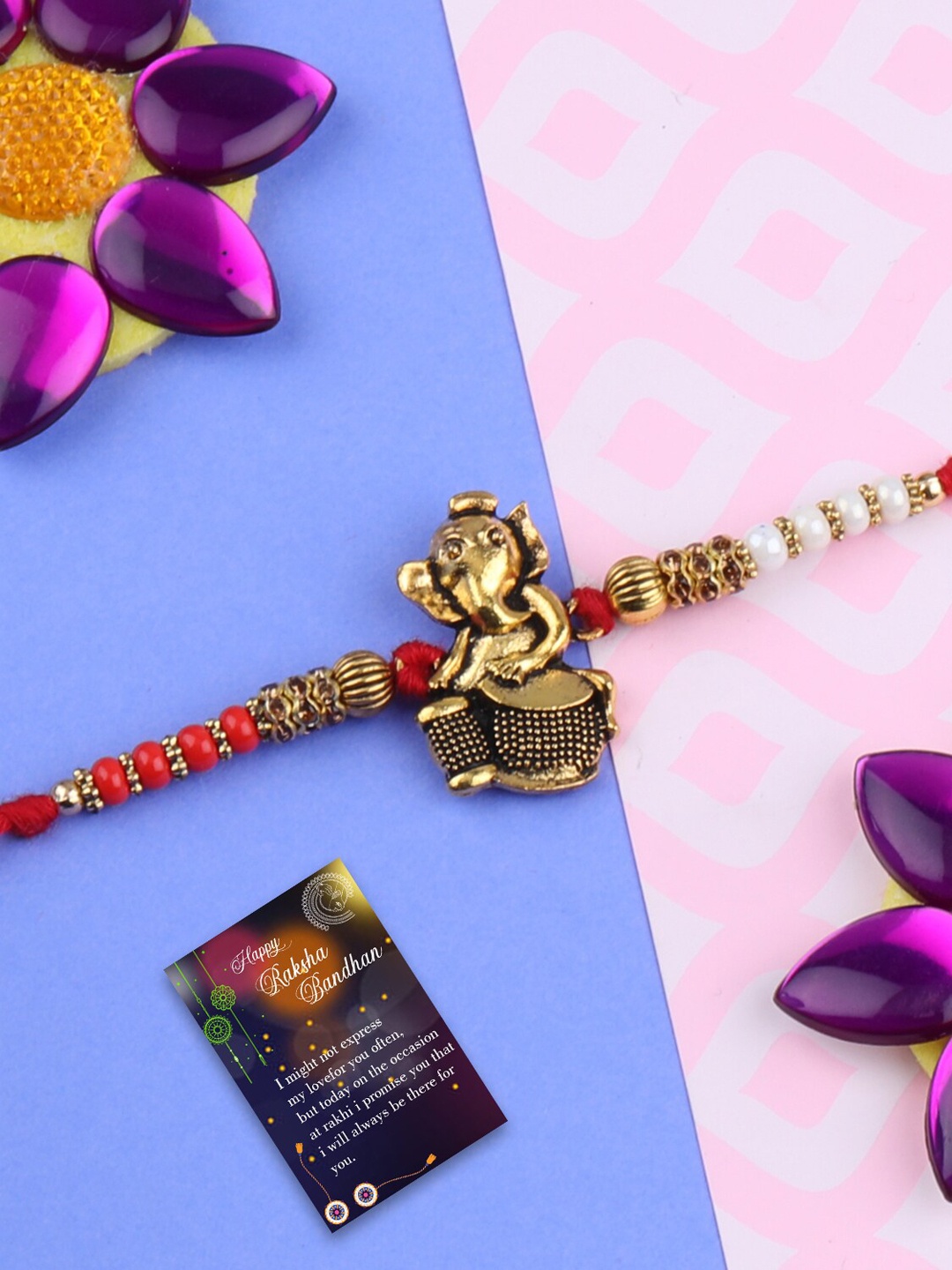 

Silver Shine Men Set Of 2 Thread Rakhis Comes With Roli Chawal & Greeting Card Gift Set, Gold