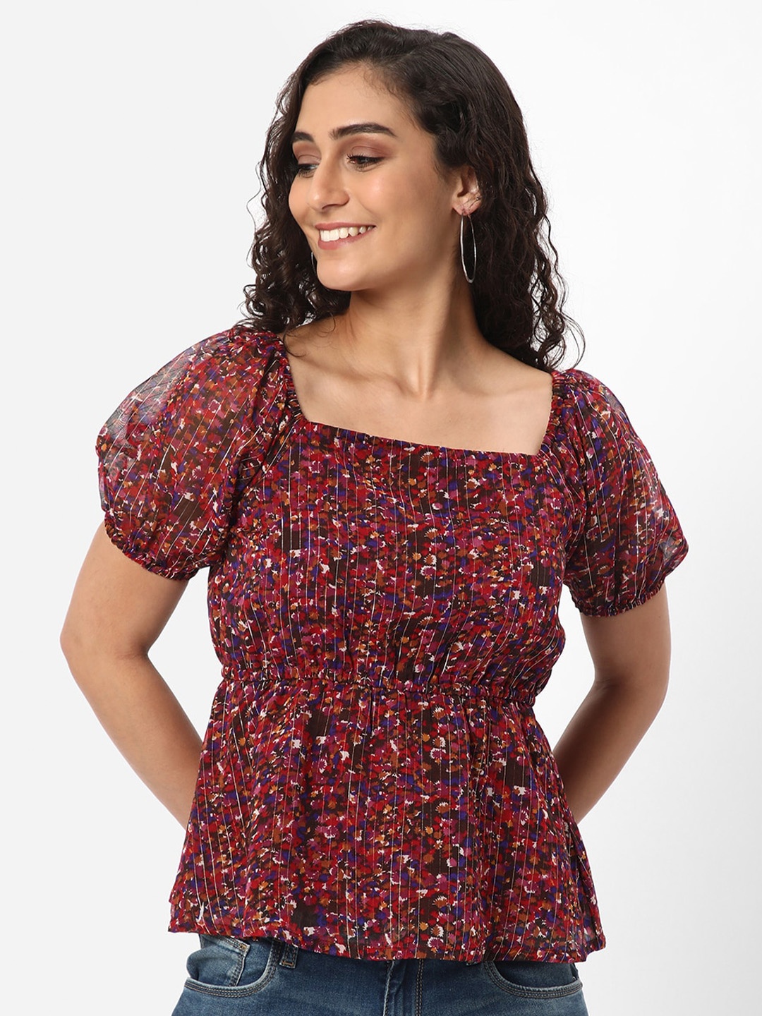 

R&B Black Floral Print Puff Sleeve Cinched Waist Top