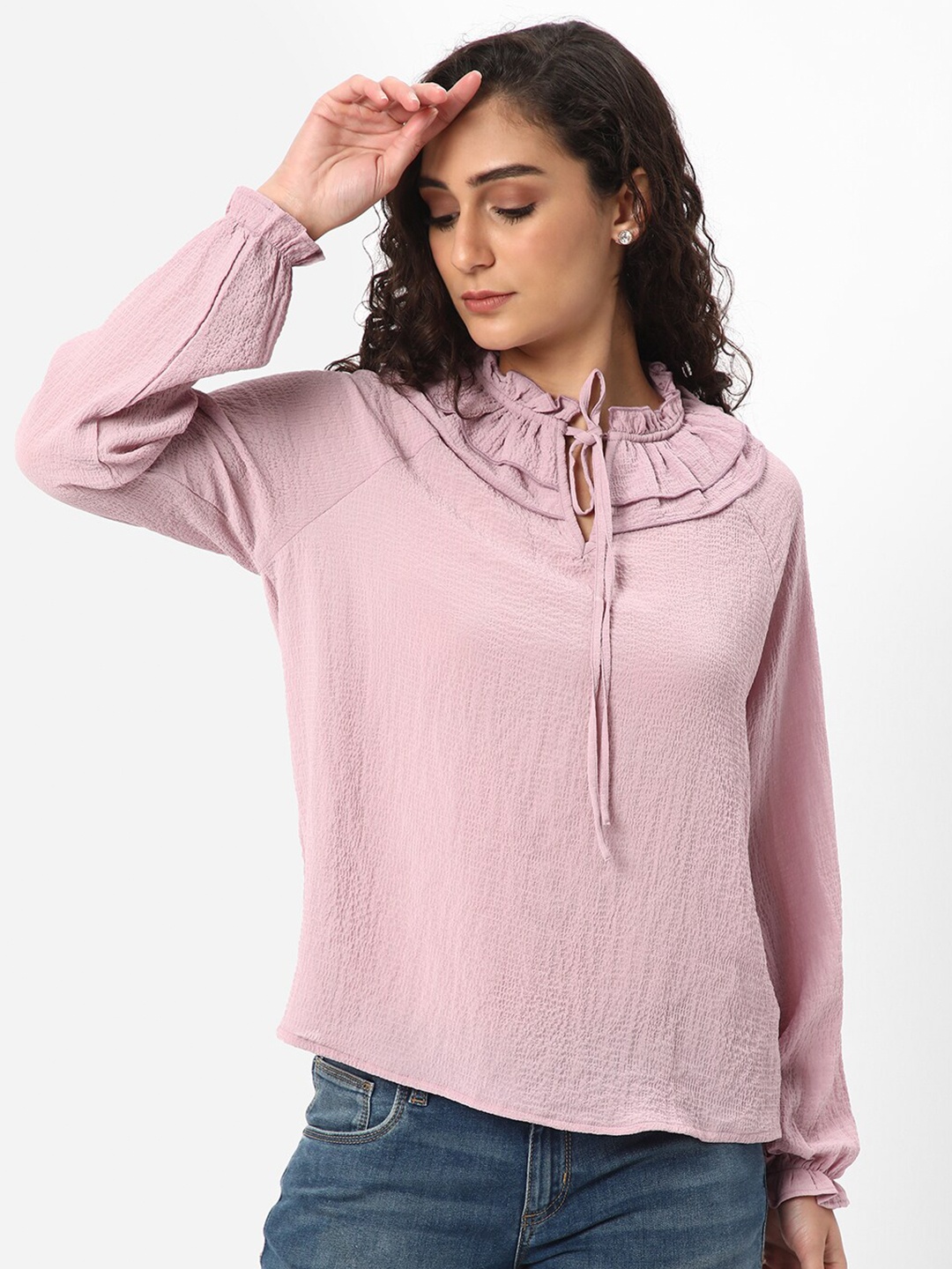 

R&B Pink Mandarin Collar Shirt Style Top