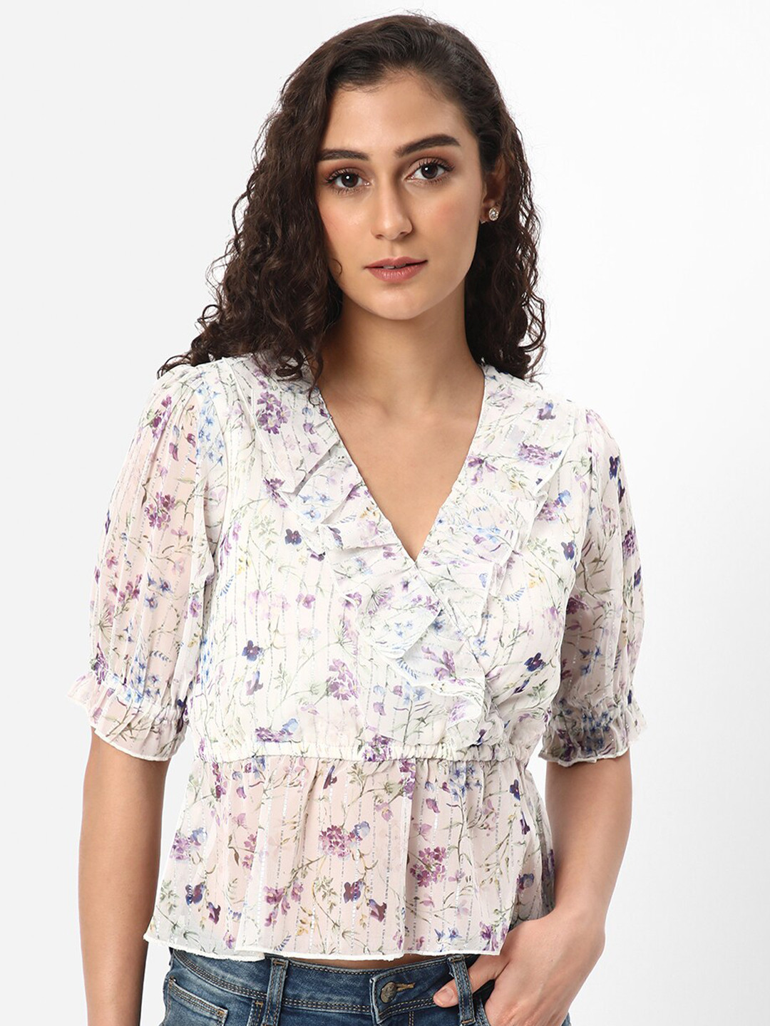 

R&B Floral Printed Peplum Top, White