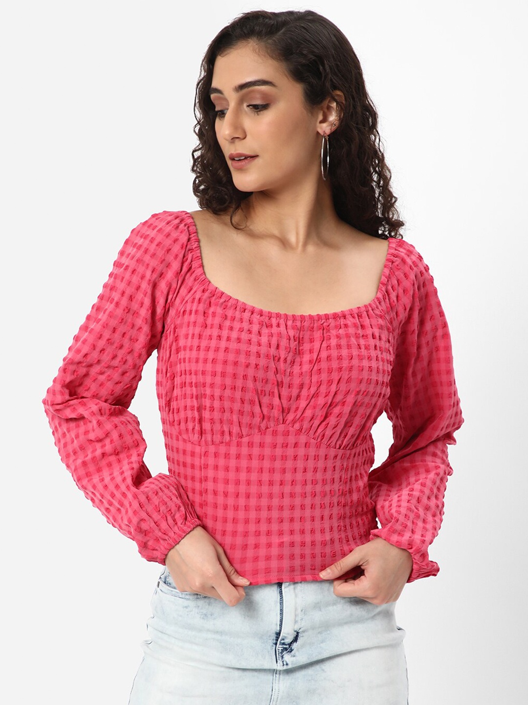 

R&B Checked Square Neck Smocked Top, Pink