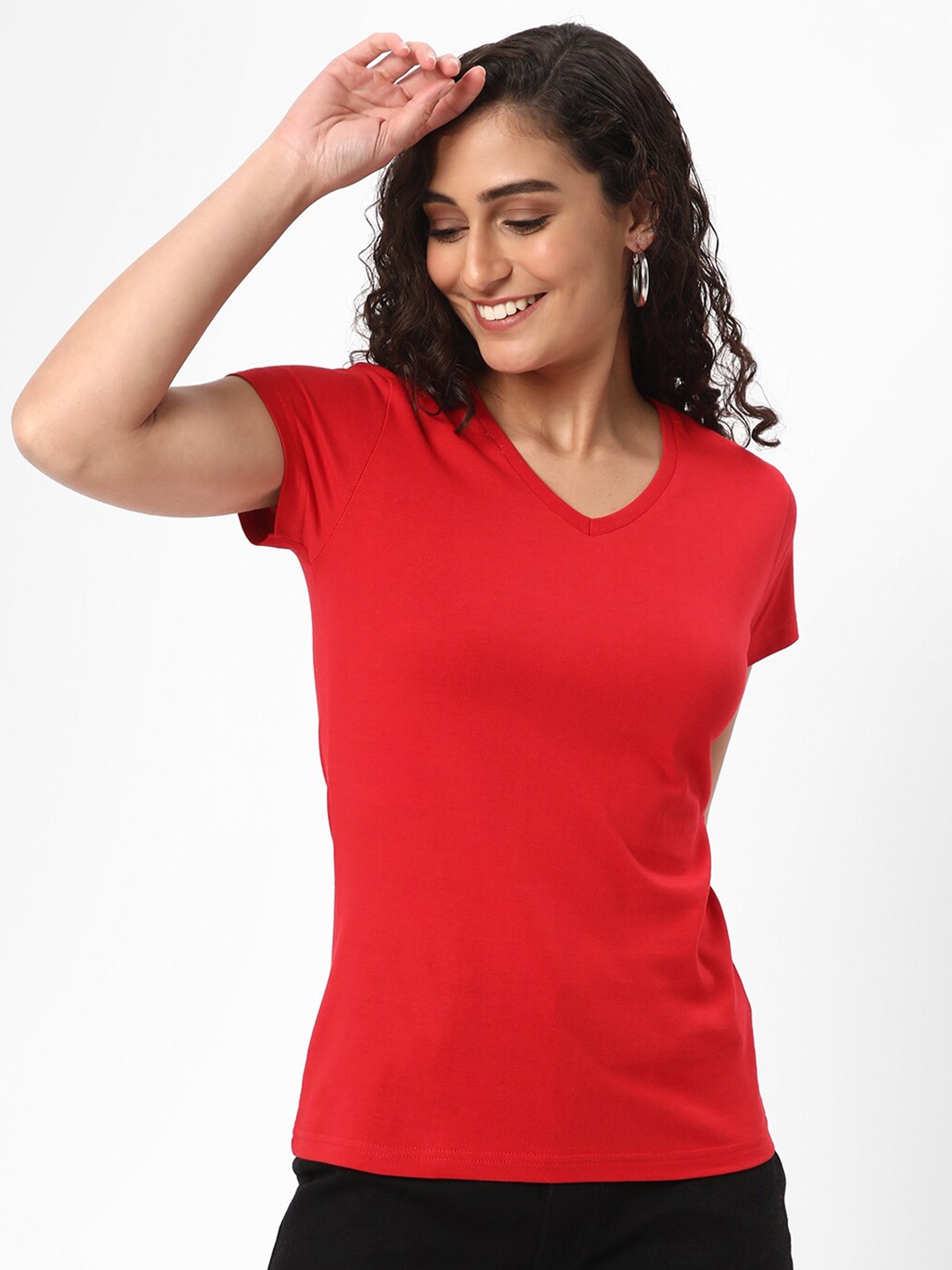 

R&B V-Neck Short Sleeve Cotton Top, Red