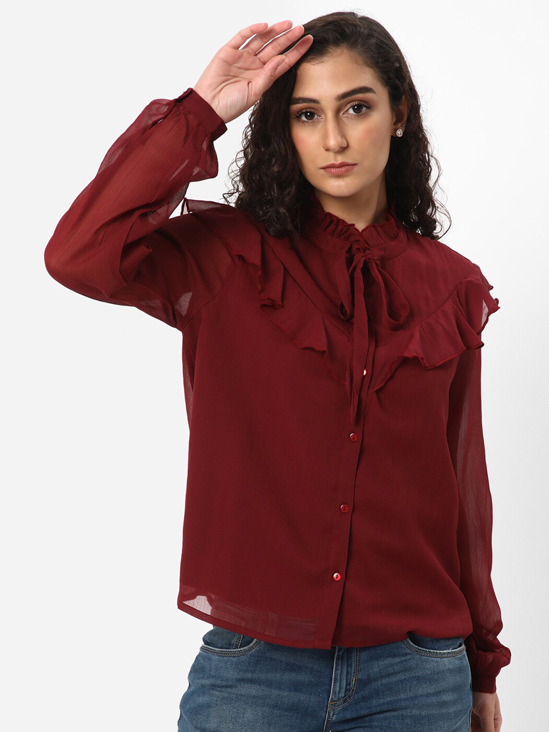 

R&B Ruffed Tie-Up Neck Puff Sleeve Top, Red