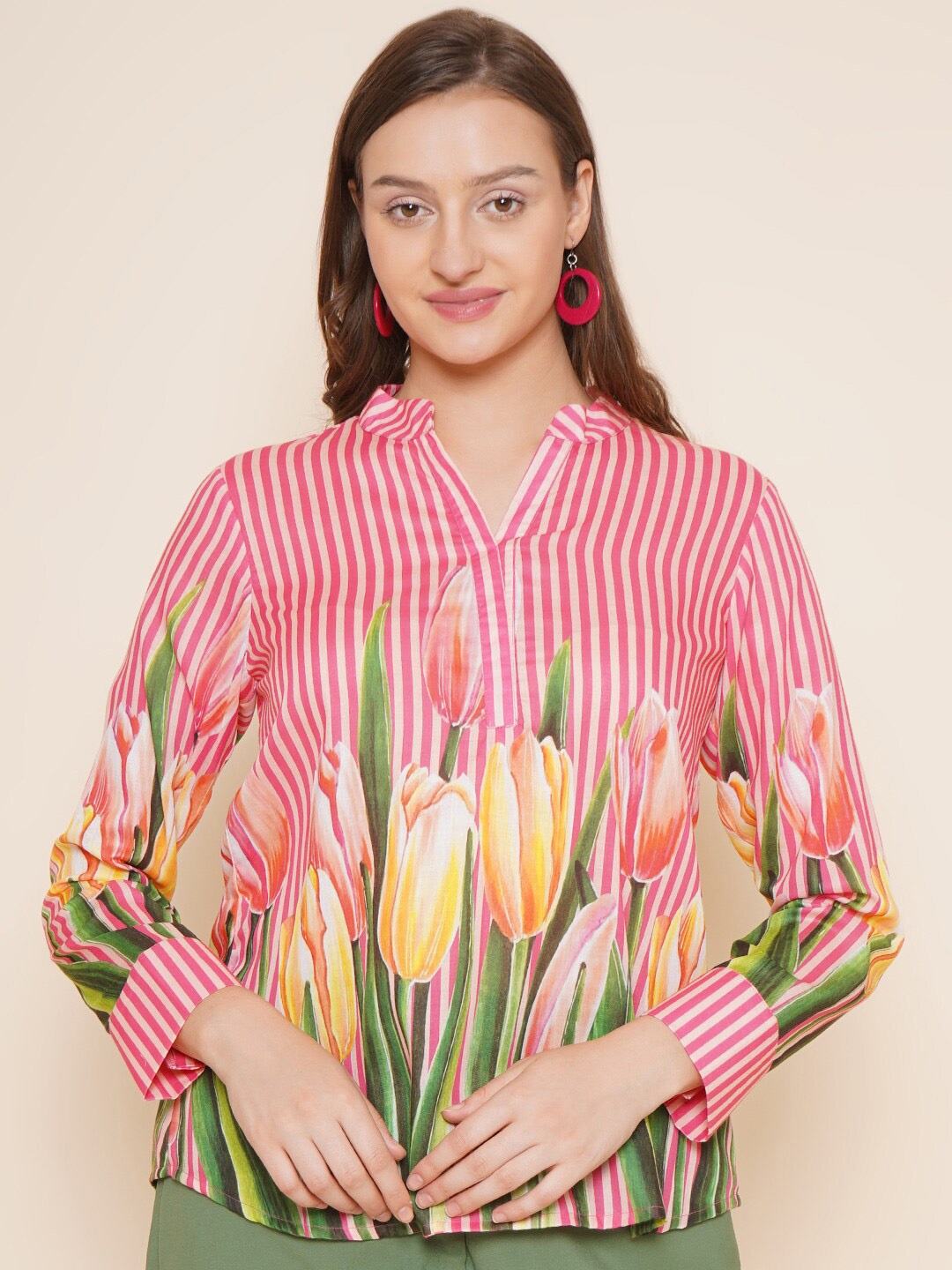 

Bhama Couture Floral Printed Mandarin Collar Top, Pink