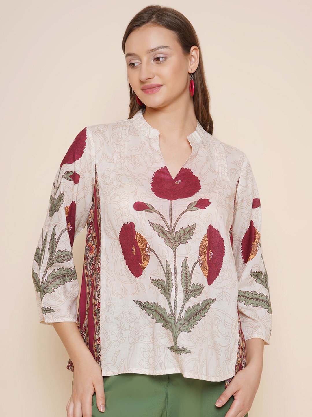 

Bhama Couture Floral Printed Mandarin Collar Top, Beige