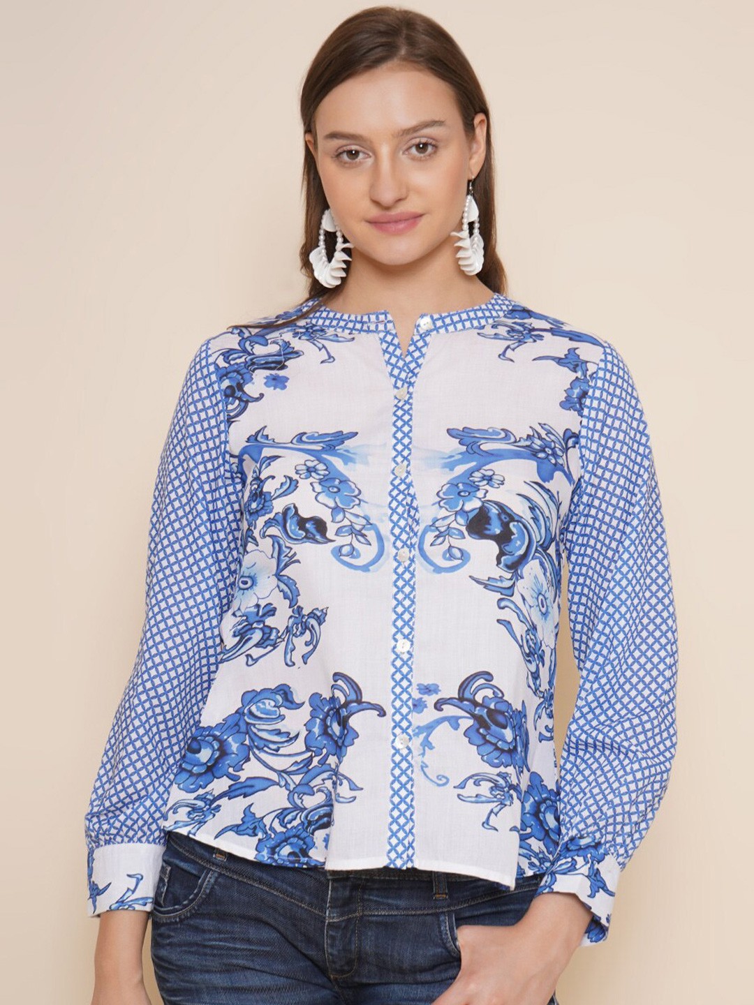 

Bhama Couture Blue Floral Printed Band Collar Shirt Style Top