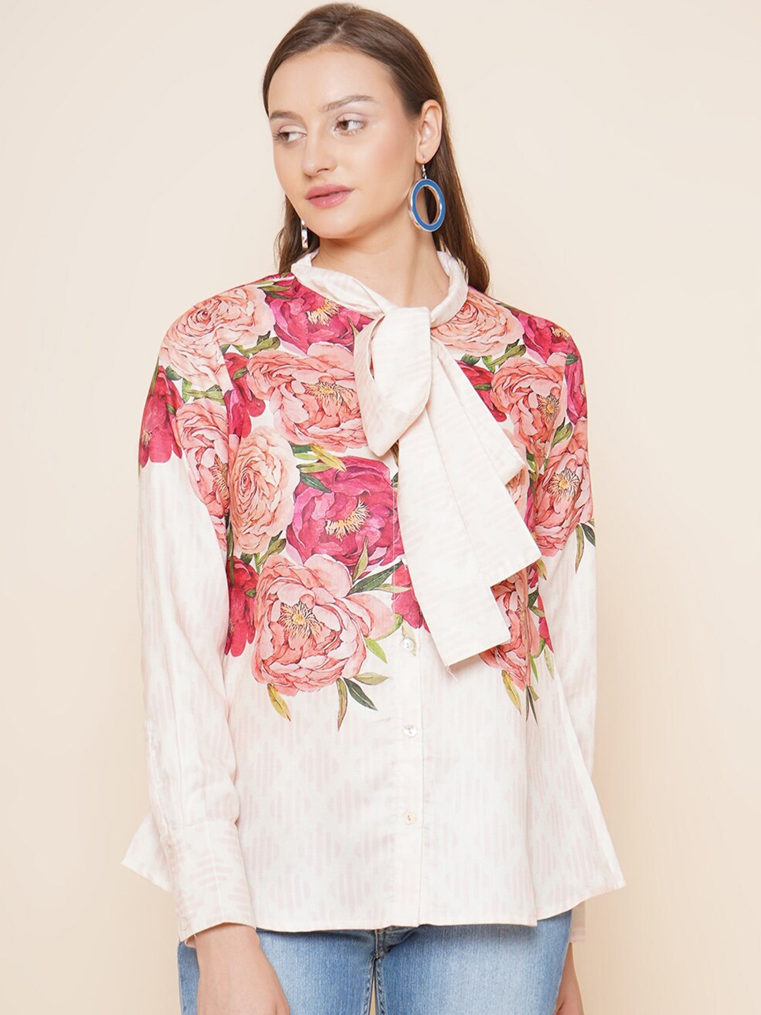 

Bhama Couture Beige Floral Printed Tie-Up Neck Shirt Style Top