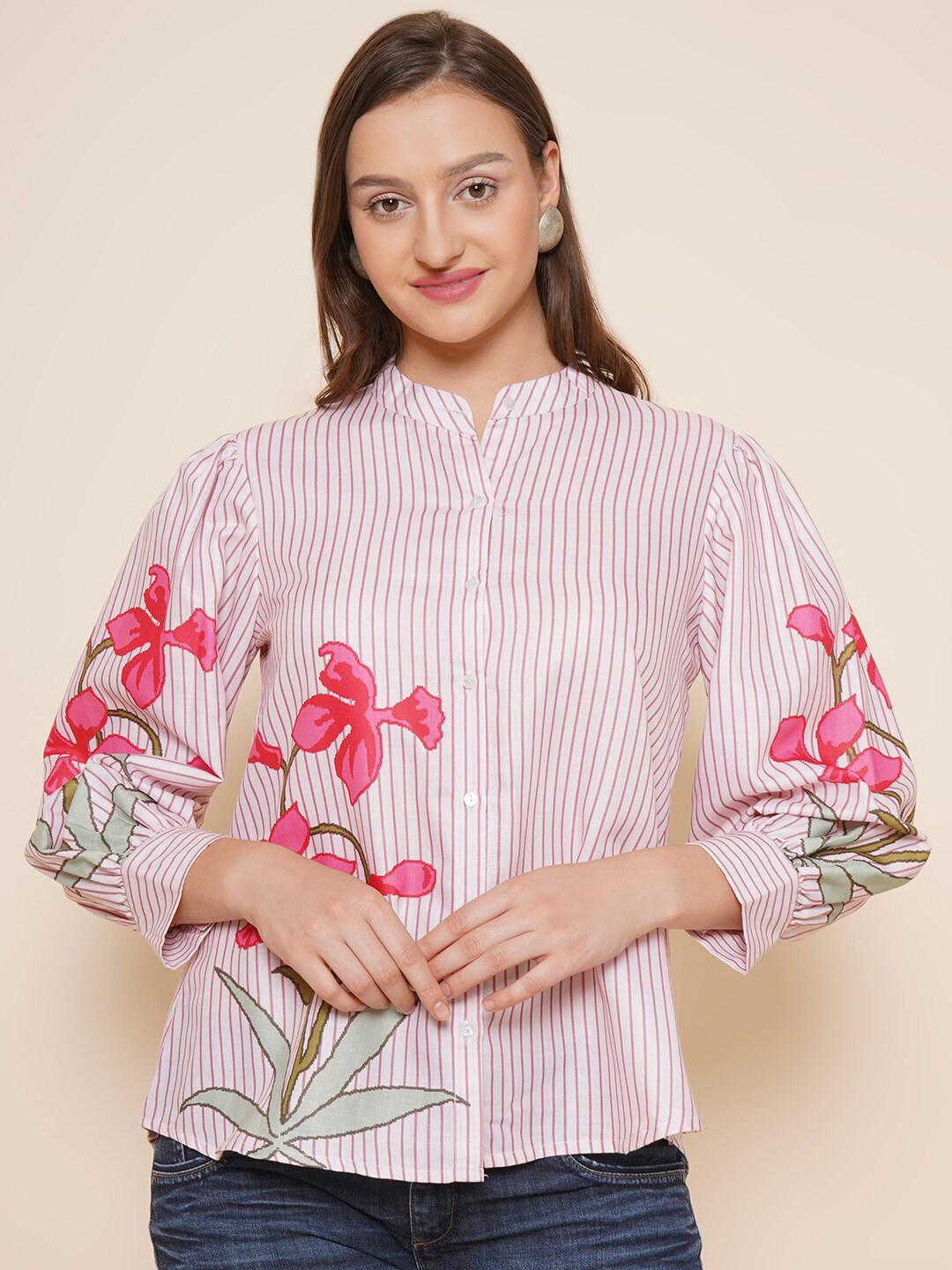 

Bhama Couture Floral Printed Mandarin Collar Shirt Style Top, Pink