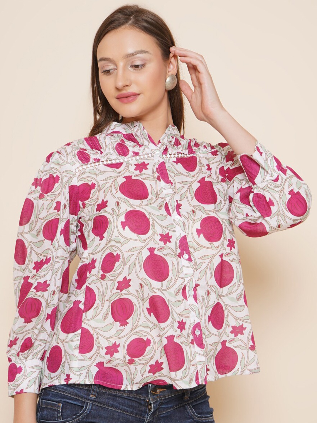 

Bhama Couture Conversational Printed Puff Sleeves Cotton Shirt Style Top, Off white