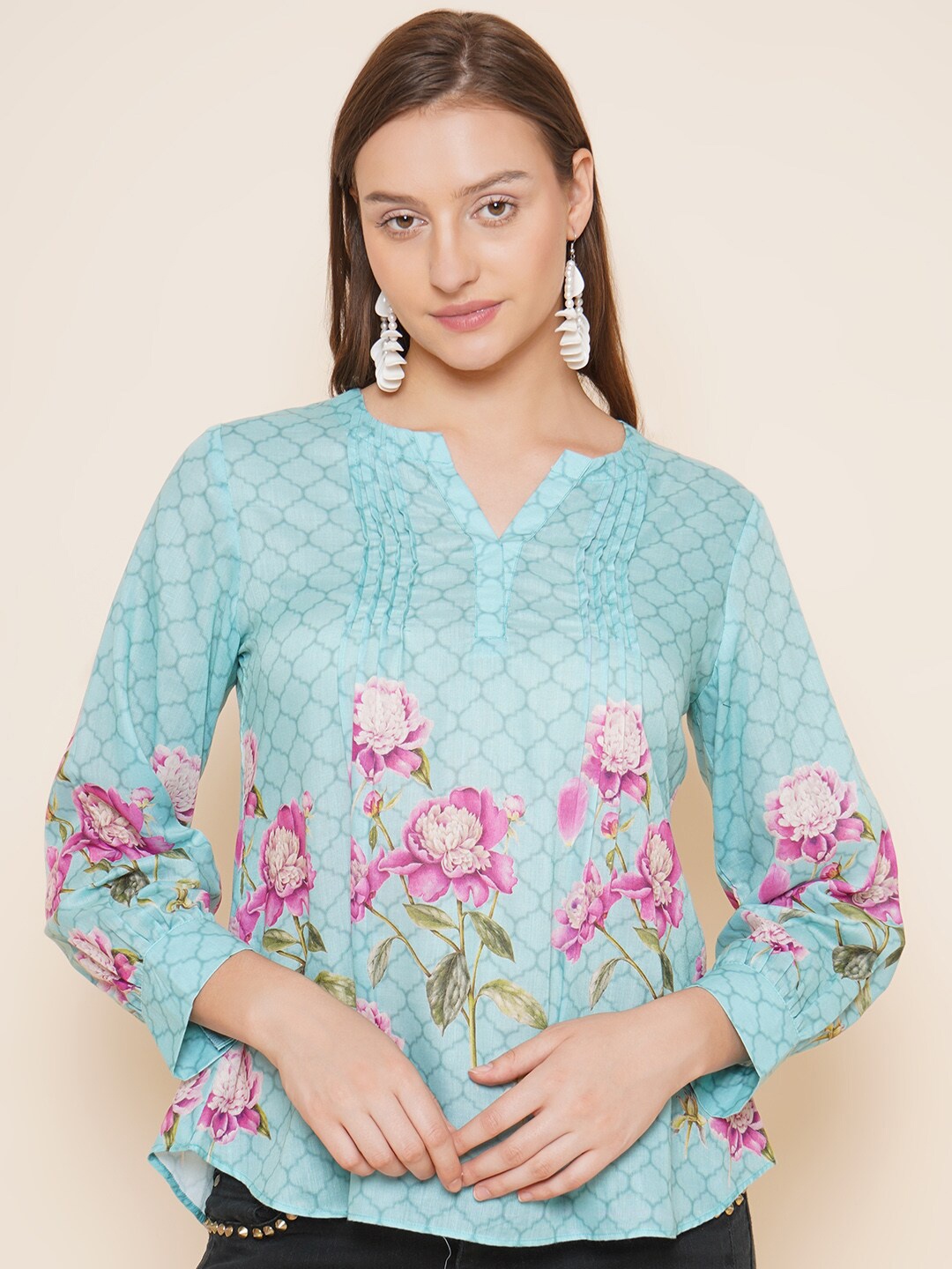 

Bhama Couture Floral Printed Mandarin Collar Cotton Top, Blue