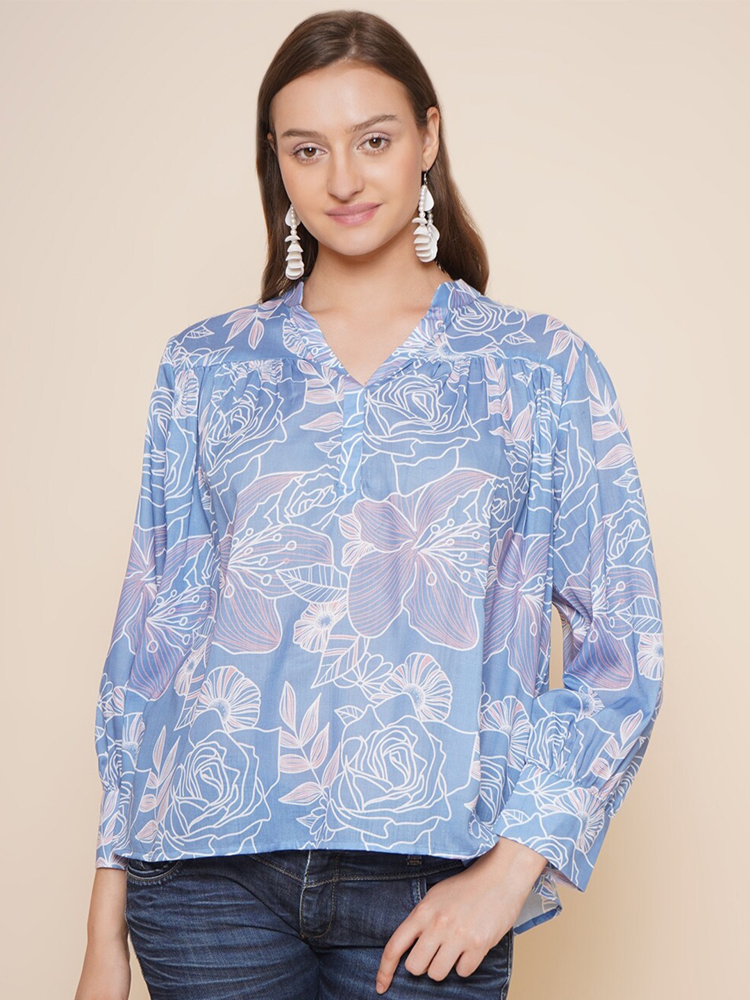 

Bhama Couture Floral Printed V-Neck Cuffed Sleeves Top, Blue