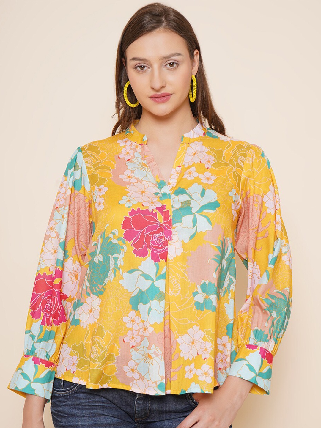 

Bhama Couture Floral Printed Cuffed Sleeves Mandarin Collar Top, Yellow