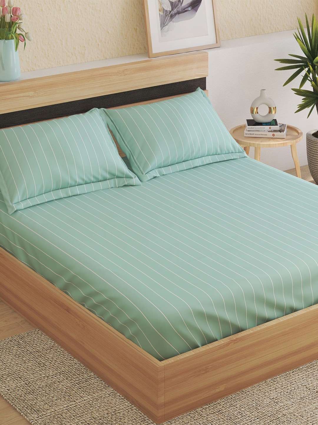 

Home Centre Medley Hoovu Teal Striped Cotton Fitted 220TC King Bedsheet & 2 Pillow Covers