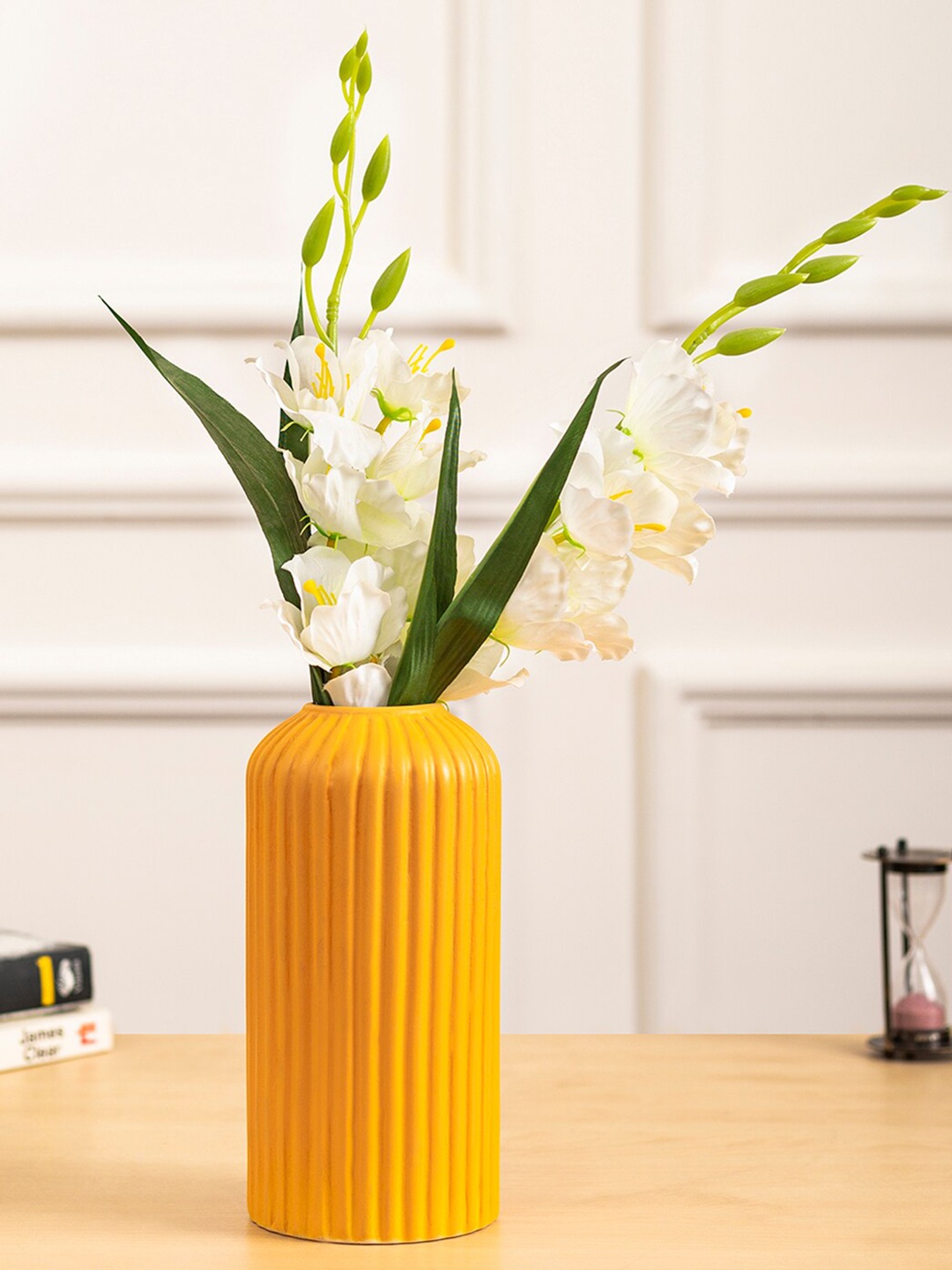 

DecorTwist 2 Pcs Yellow Rippled Ceramic Vase