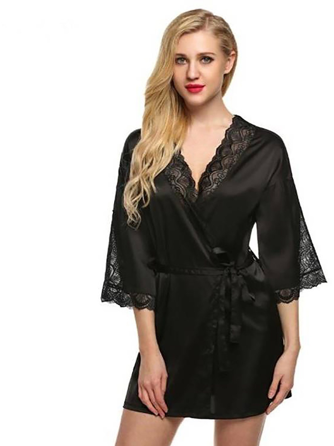 

AROUSY Self Design V-Neck Net Baby Doll, Black