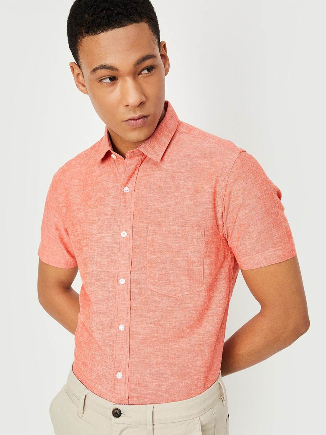 

max Textured Casual Pure Cotton Shirt, Orange