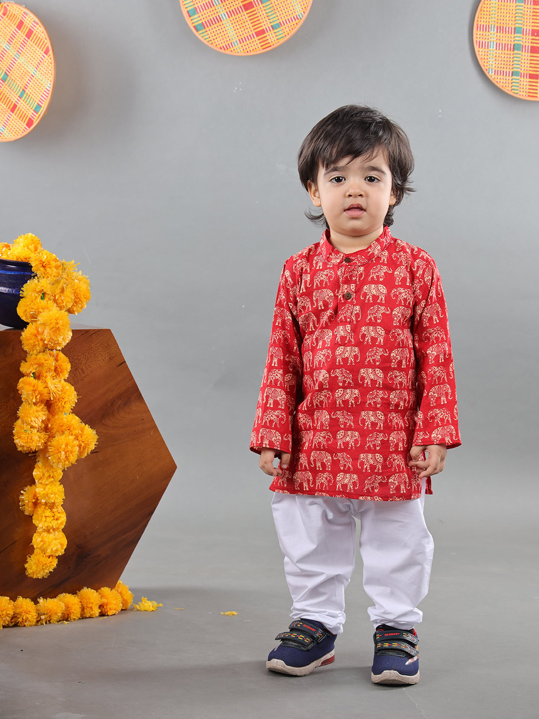 

Maaikid Boys Etnic Motifs Printed Band Collar Pure Cotton Kurta with Pyjamas, Orange