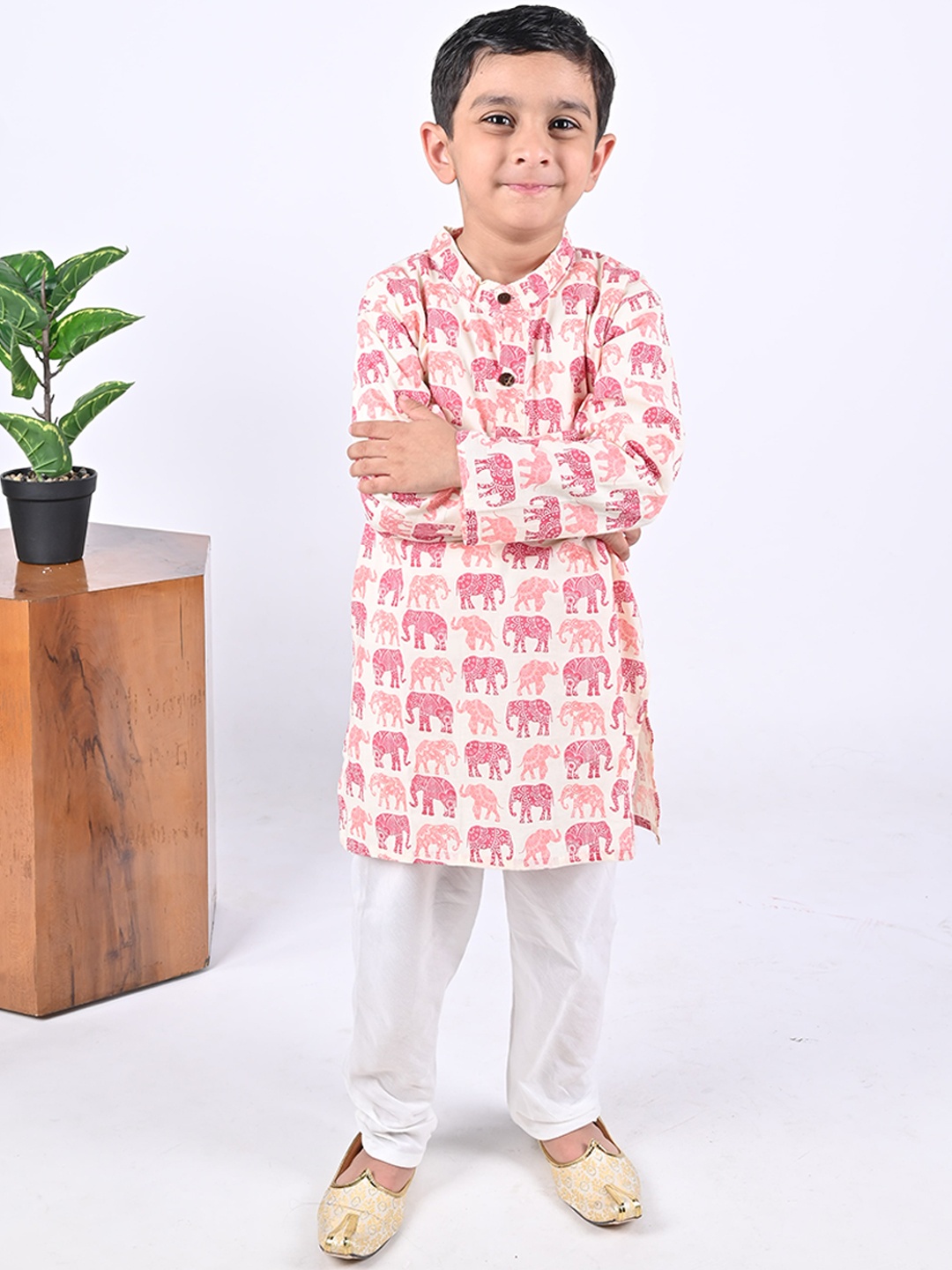 

Maaikid Boys Etnic Motifs Printed Band Collar Pure Cotton Kurta with Pyjamas, White