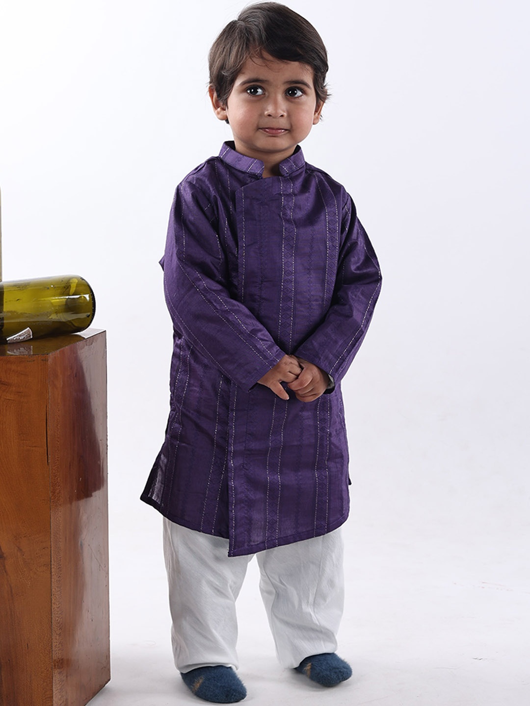 

Maaikid Boys Ethnic Motifs Woven Design Cotton Silk Angrakha Kurta with Pyjamas, Violet