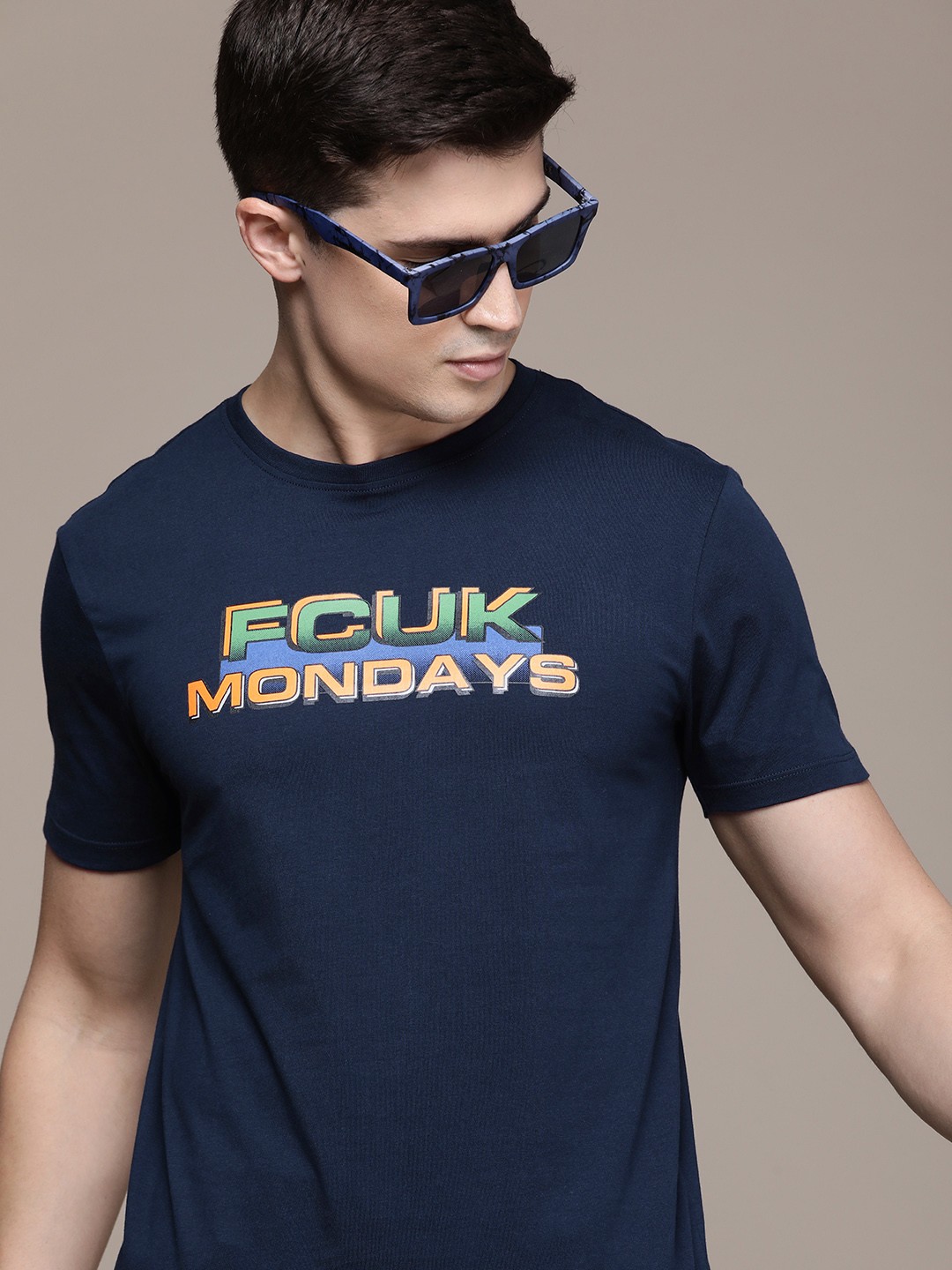 

FCUK Brand Logo Printed Pure Cotton T-shirt, Navy blue
